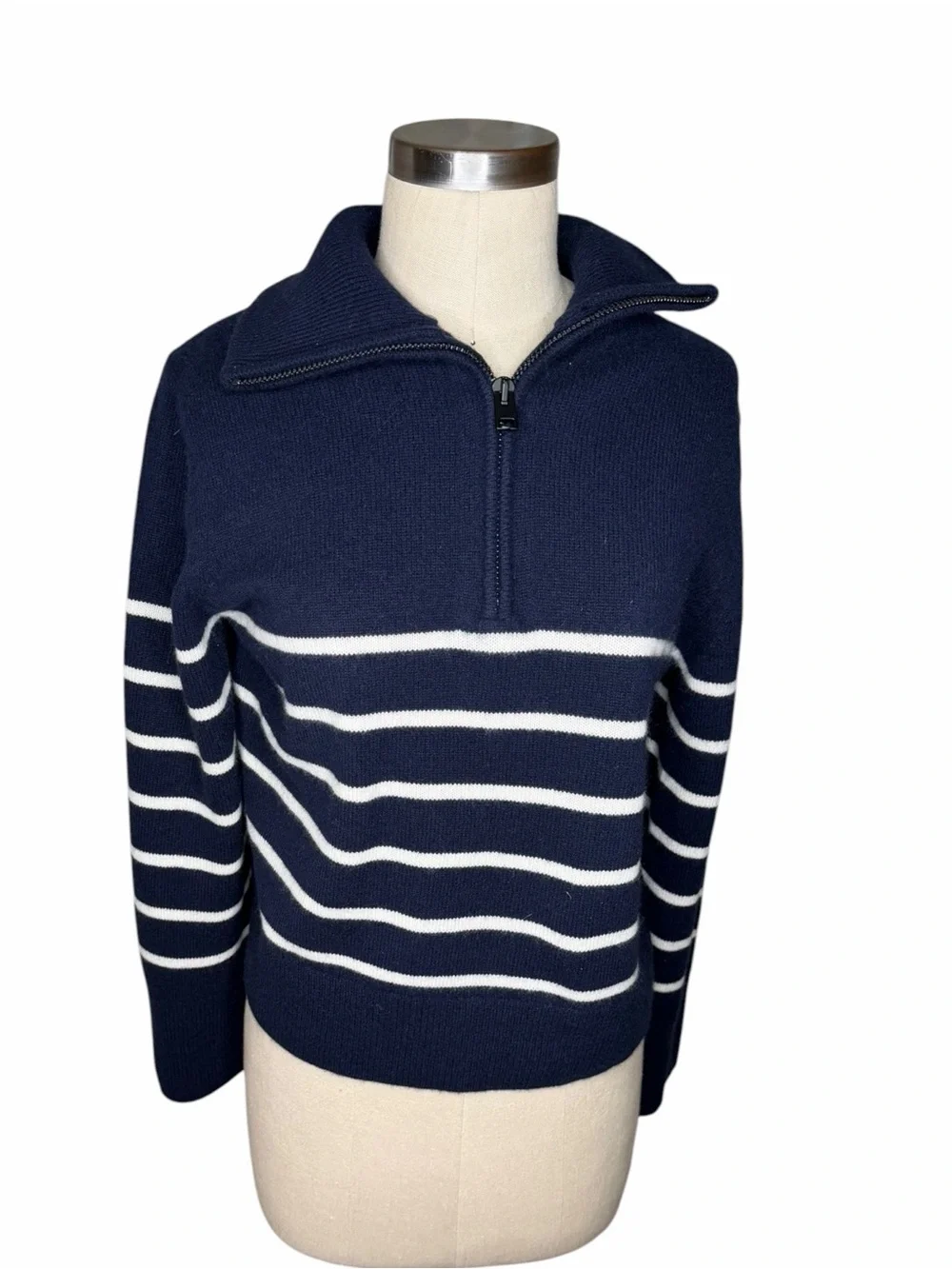 BANANA REPUBLIC Half Zip Cashmere Sweater Navy and White Zip-Up Striped Womens S - Picture 2 of 7